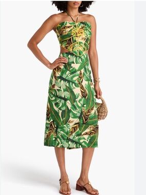 green monstera embroidery midi dress Green Monstera Embroidery Midi Dress main image 0
